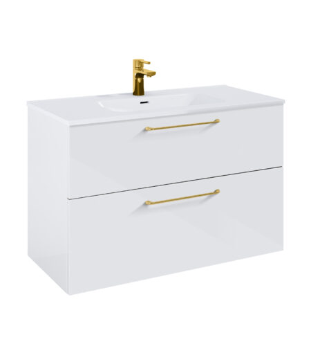 WILMA ORGANIC Badmøbel 100×45, Hvid, 2 Skuffer, Guld greb