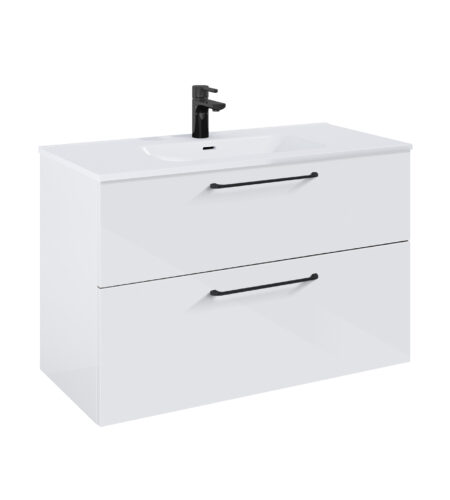 WILMA ORGANIC Badmøbel 100×45, Hvid, 2 Skuffer, Sorte greb
