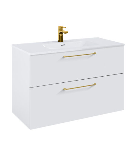 WILMA ORGANIC Badmøbel 100×45, Hvid Mat, 2 Skuffer, Guld greb
