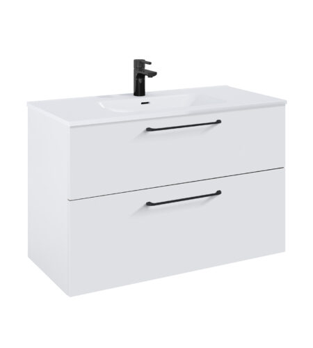 WILMA ORGANIC Badmøbel 100×45, Hvid Mat, 2 Skuffer, Sorte greb