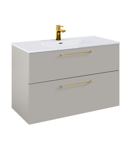 WILMA ORGANIC Badmøbel 100×45, Røgfarve Mat, 2 Skuffer, Guld greb