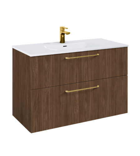 WILMA ORGANIC Badmøbel 100×45, Valnød, 2 Skuffer, Guld greb