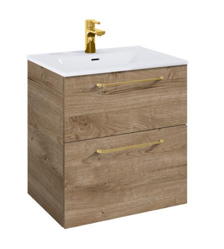 WILMA ORGANIC Badmøbel 60×45, Eg, 2 Skuffer, Guld greb