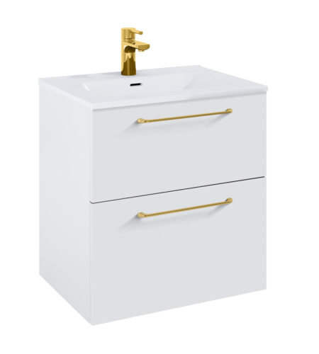 WILMA ORGANIC Badmøbel 60×45, Hvid Mat, 2 Skuffer, Guld greb