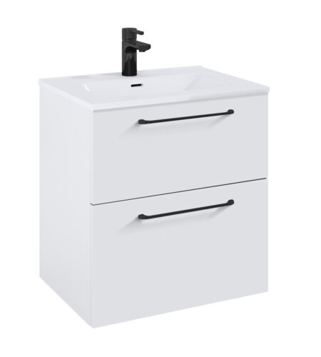 WILMA ORGANIC Badmøbel 60×45, Hvid Mat, 2 Skuffer, Sorte greb