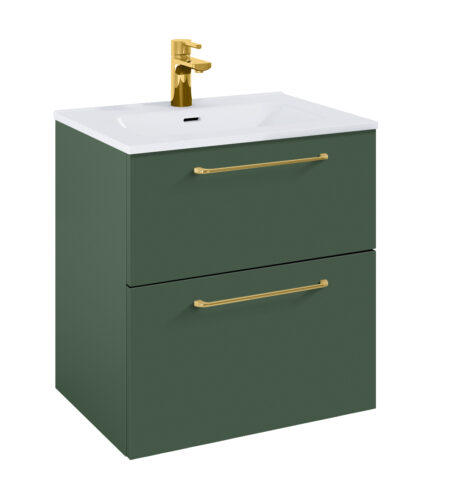 WILMA ORGANIC Badmøbel 60×45, Skovgrøn Mat, 2 Skuffer, Guld greb