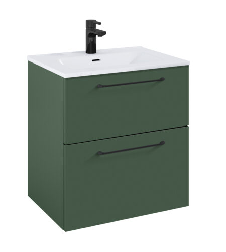 WILMA ORGANIC Badmøbel 60×45, Skovgrøn Mat, 2 Skuffer, Sorte greb